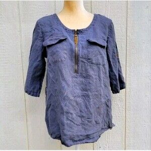 Ellen Tracy Linen Blouse Size M Gray Half Zip Top 3/4 Roll Tab Sleeves Medium
